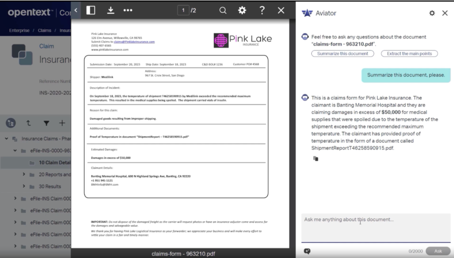 Guidewire and OpenText Integration Options - AI-powered claim analysis